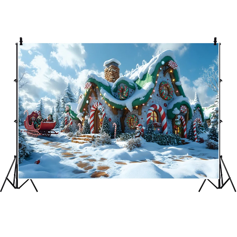 Feliz Navidad casa de nieve telón de fondo bosque de invierno paisaje nevado piruleta Santa cuento de hadas fotografía fondo estudio fotográfico