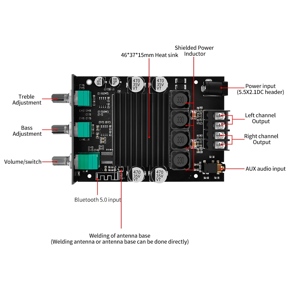 Placa amplificadora Bluetooth YS-XPSM de 2,0 canales con disipador de calor TDA7498E 150Wx2 módulo de Audio de ajuste de tono alto y bajo