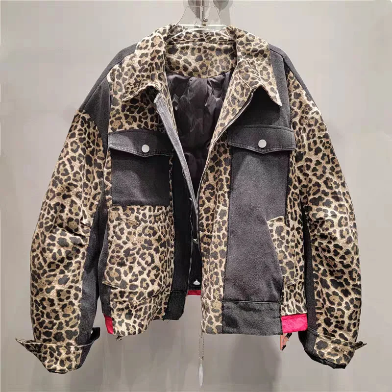 WTHT Trendy Women\'s Leopard Spliced Denim Motorcycle Jacket 2024 Autumn Fashion Cotton Liner Long Sleeves Coat Female 1LS121