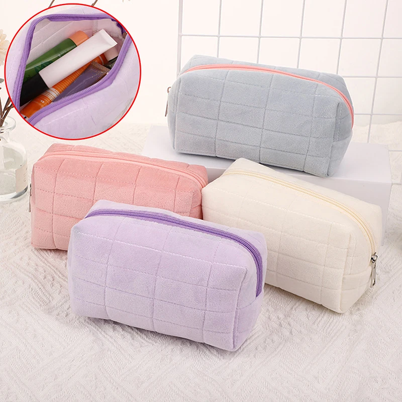 Solid Fur Cosmetic Storage Bag Large Women Zipper Makeup Organizer Handbag Stationery Pencil Case Travel Make Up Toiletry Punch