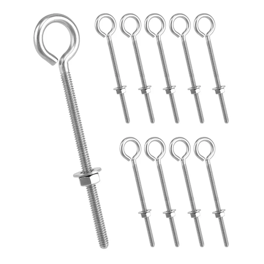 

Eye Bolts 10 Pack 1 4" x 4" Stainless Steel Long Threaded Eyebolts with Nuts for Hanging or Securing Cables