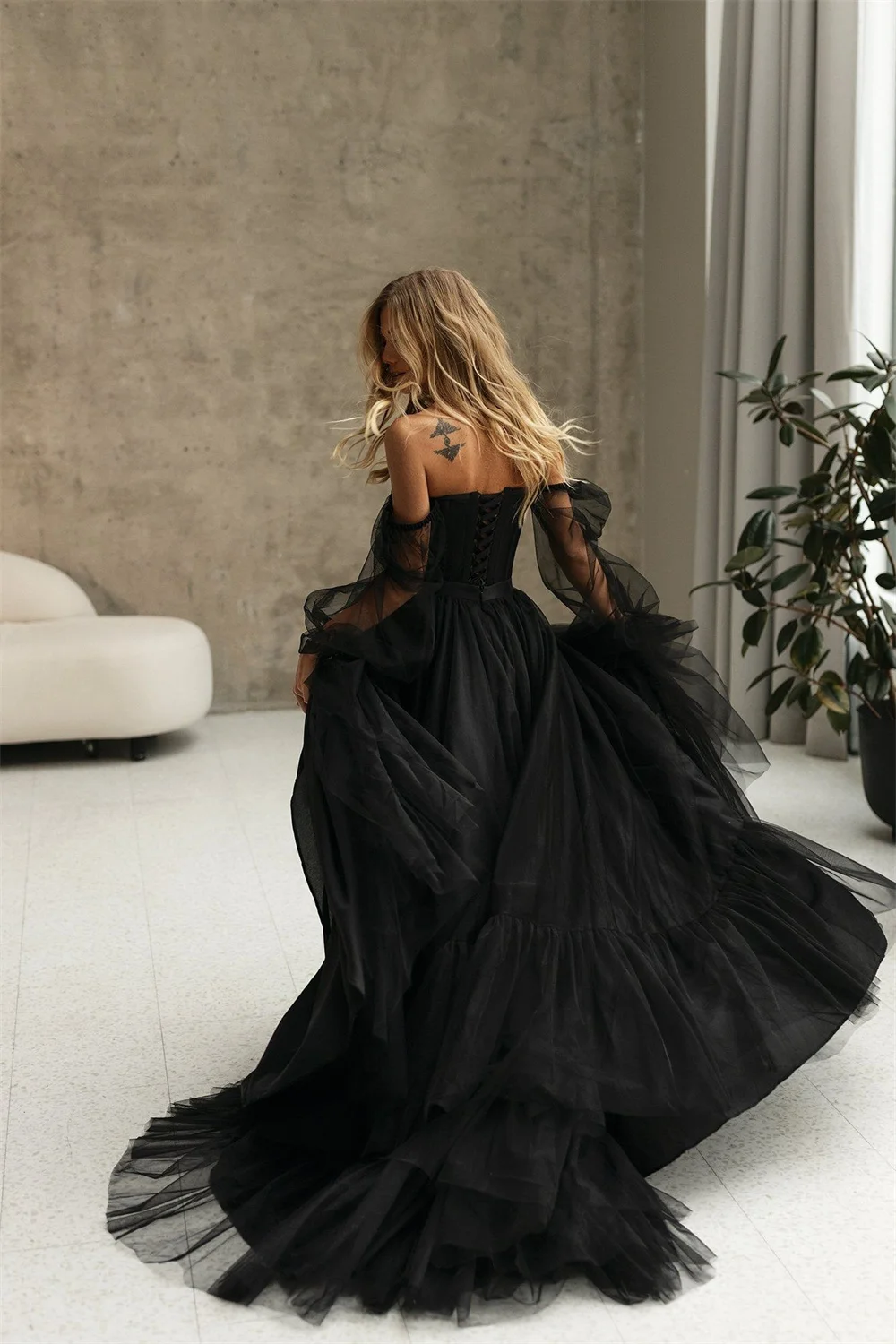 Cathy Zwart Off Shoulder Prom Jurk 2023 Gothic Puffy Mouwen Party Jurken Tulle Sweep Trein Avondjurk Sexy فستان سهرة