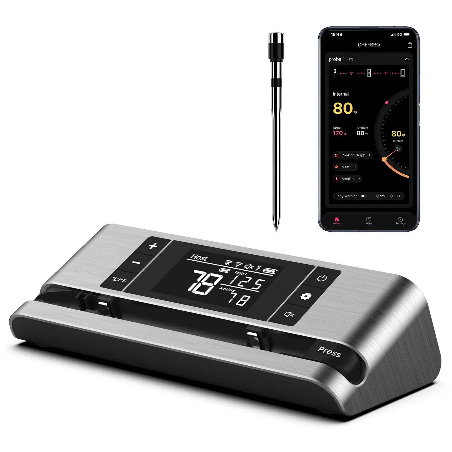 

Wireless Smart Meat Thermometer with Dual Sensors, 500FT Range, App Control for Precise Cooking