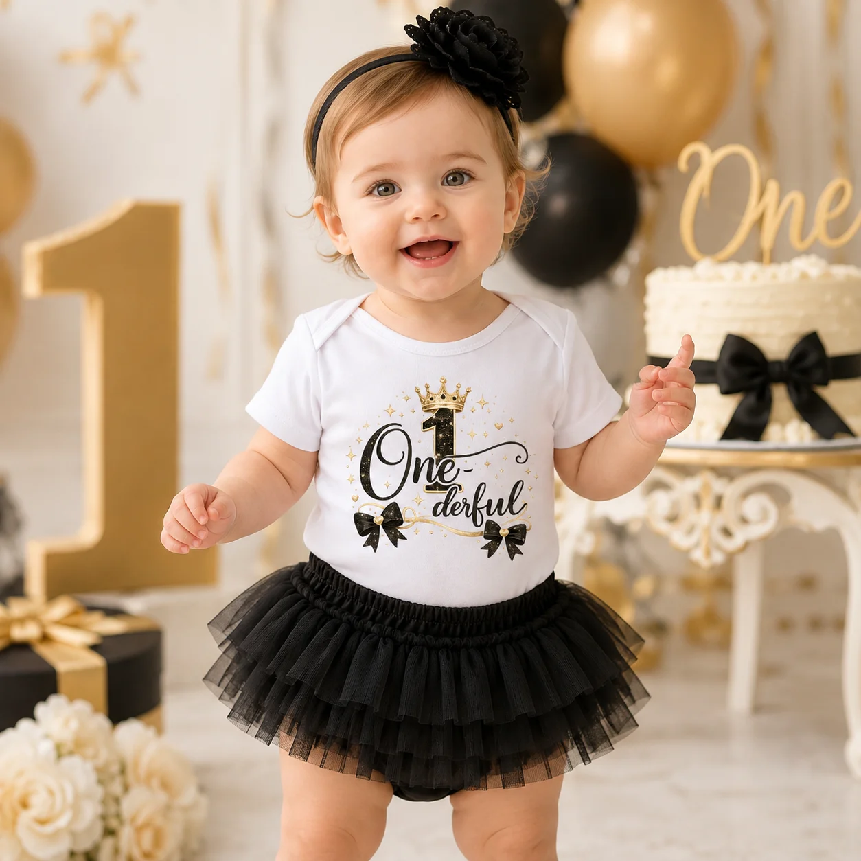 Baby Girls 1st Birthday Outfit Onederful Crown Romper Black Tulle Tutu Skirt Headband Set Toddler First Birthday Party Clothes