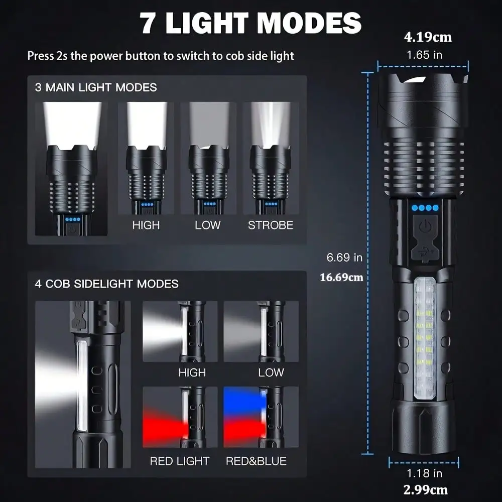 2-Pack USB Rechargeable High Power LED Handheld Flashlights, Work Lights With COB Side Lamp, 7 Modes, Emergency Lighting For Outdoors, Hiking, Camping, Up To 200M Range, For Travel