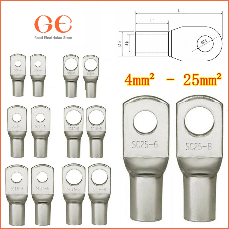 10PCS 4-25mm Assortment Tinned Copper Lugs Ring Crimp Terminals Battery Wire Welding Cable Connectors Kit