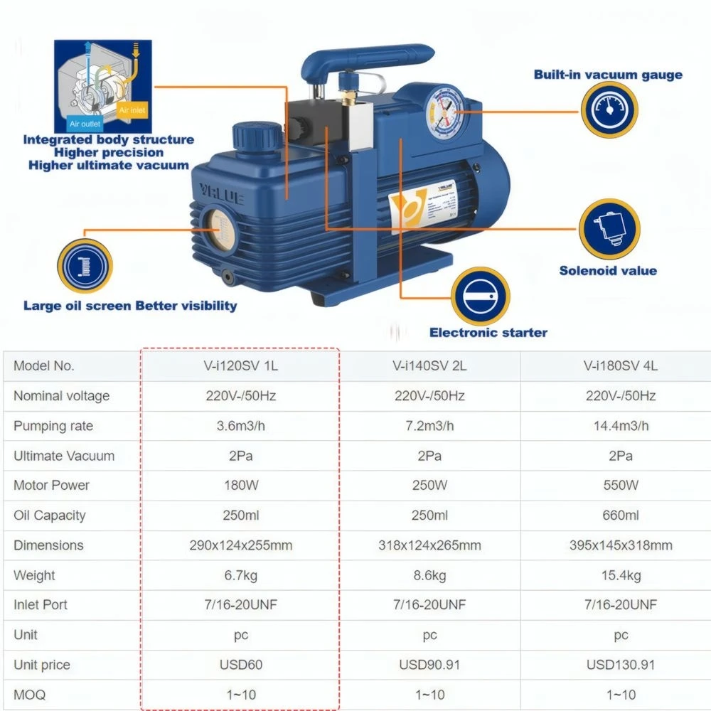 3.6m3/h 220V 180W V-i120SV air conditioning laboratory air pump refrigerate R410 vacuum pump R410 R407C, R134a, R12, R22