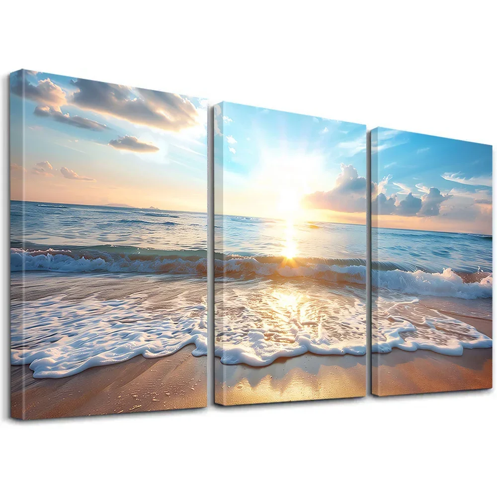 (No frame)3pcs Framed Blue Sky White Clouds Sea View Canvas Paintings, Ocean Wave And Beach Home Decor, Sunrise Sea View Prin