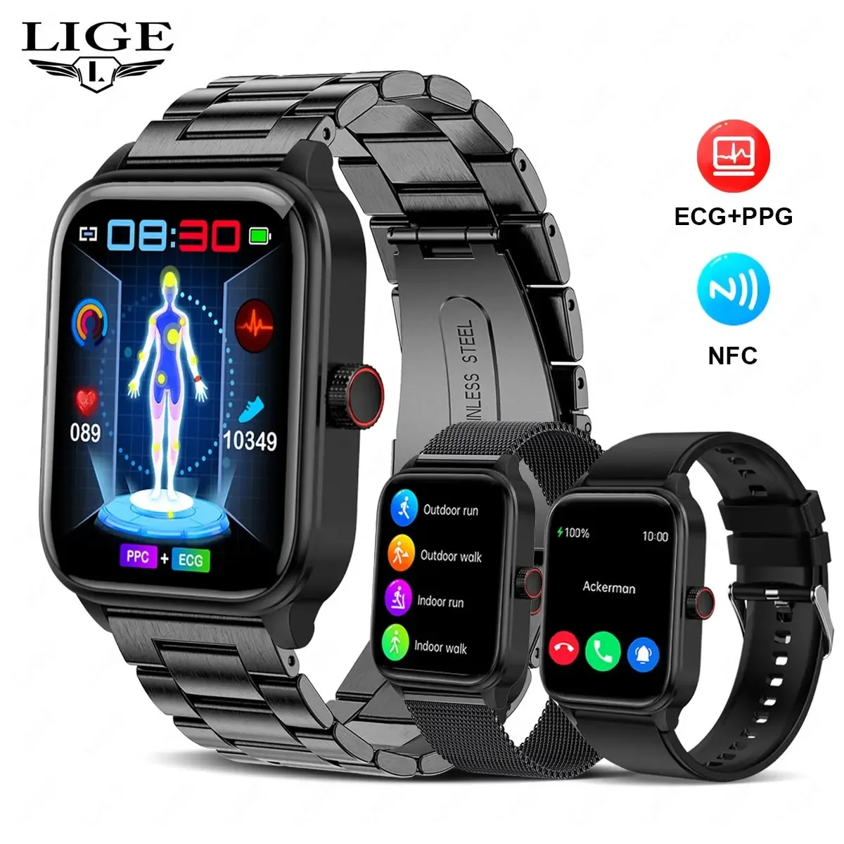 

LIGE New ECG+PPG Smart Watch Waterproof Sport Fitness Men Bracelet Bluetooth Call Health Monitoring Smartwatch With NFC Function