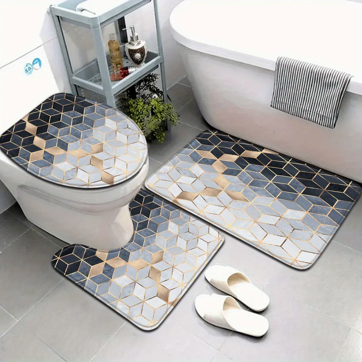 

3pcs Minimalist Series Gray and White Golden-Edged Geometric Pattern Bathroom Mat Set Toilet Seat Cover U-Shaped Foot Pad