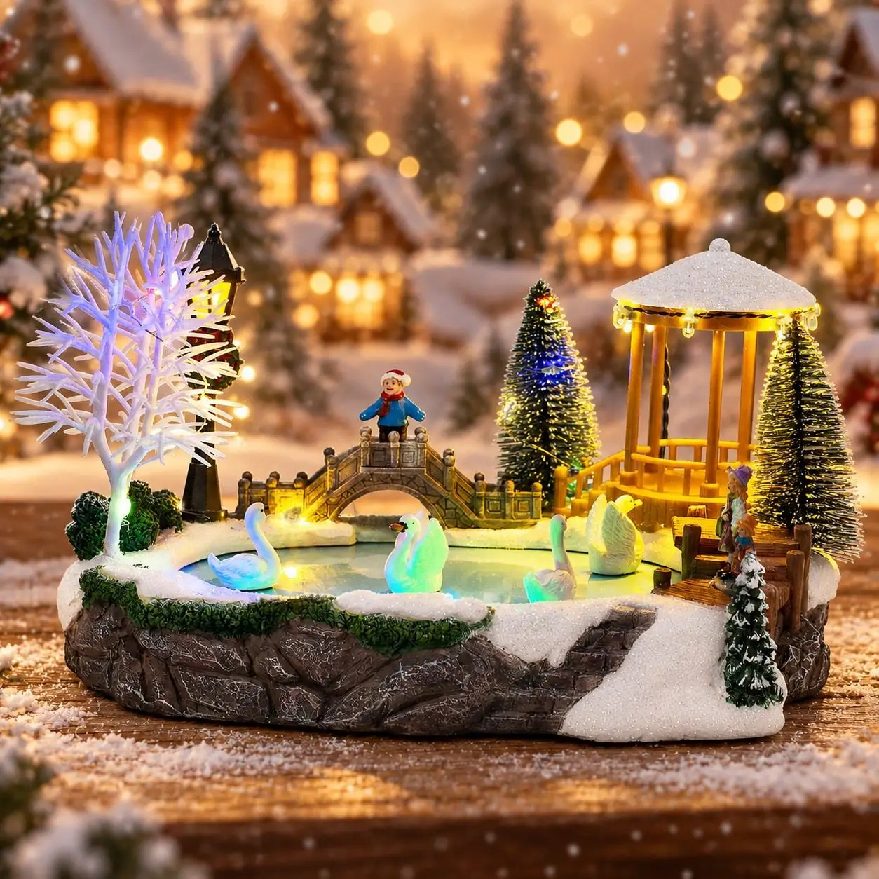 Weihnachtsdorf Schwanenteich-Szene Dekoration Beleuchtete Musikalische Winterdorf-Szene Pavillon-Ornament Weihnachtliche Tischdekoration – Detail 6