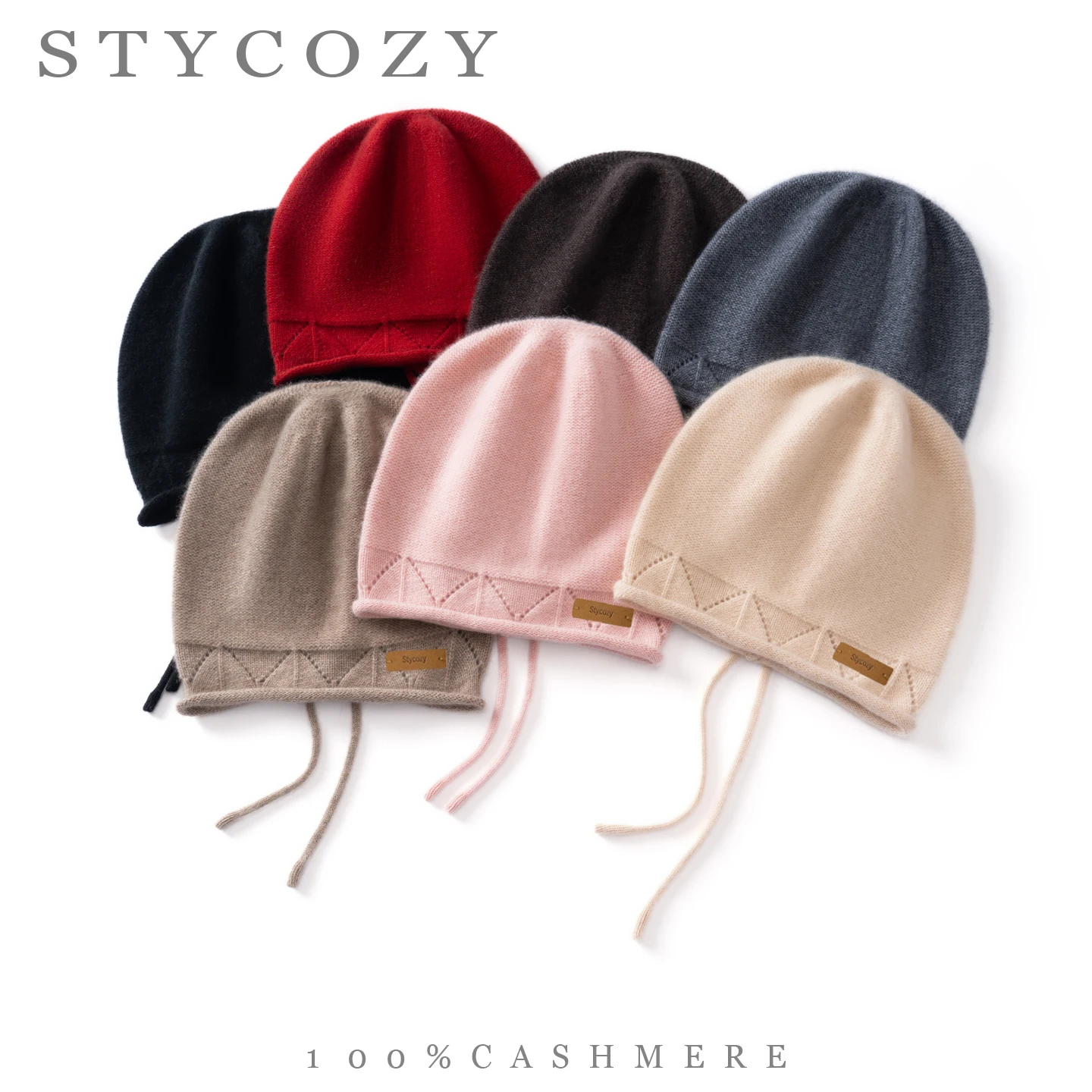 Women's 100% Cashmere Drawstring Back Tie Knit Beanie Diamond Eyelet Rolled Edge Wrap Hat Soft Warm Autumn Winter Skullcap