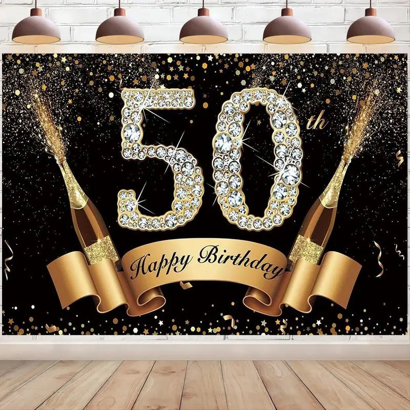 Black and Gold Happy 50th Birthday Backdrop Banner 50 Years Old Champagne Photography Background for Men Women Party Decorations