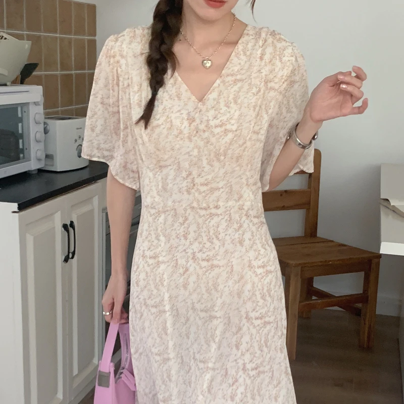 

Women's Summer Vintage Long Chiffon Floral Dress with Belt V Neck Yellow Rose Cozy Sundress Female 2025