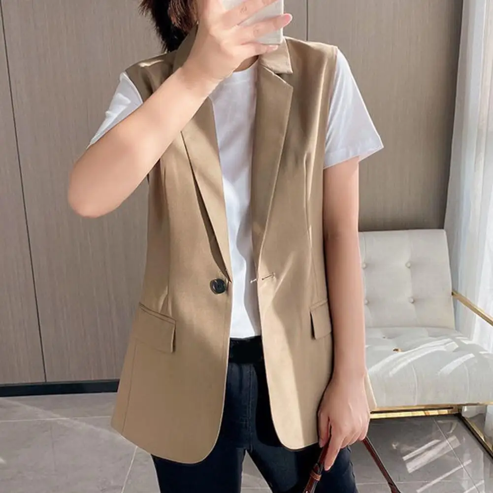 Women Stylish Vest for Women Solid Color Turn-down Collar Coat Elegant Long Overcoat with Back-slit Design Chic for Female