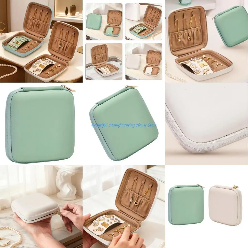 E56A حافظة مجوهرات جلدية أنيقة قابلة للحمل، صندوق عرض للأقراط مع شكل مربع لخواتم القلادة والسوار