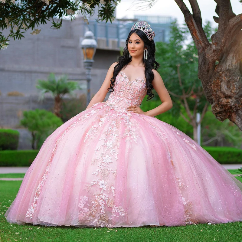 

Pink Shiny Quinceanera Dress Lace Appliques Beading Off The Shoulder Ball Gown 2024 Princess Dress Sweet 16 Dress vestidos