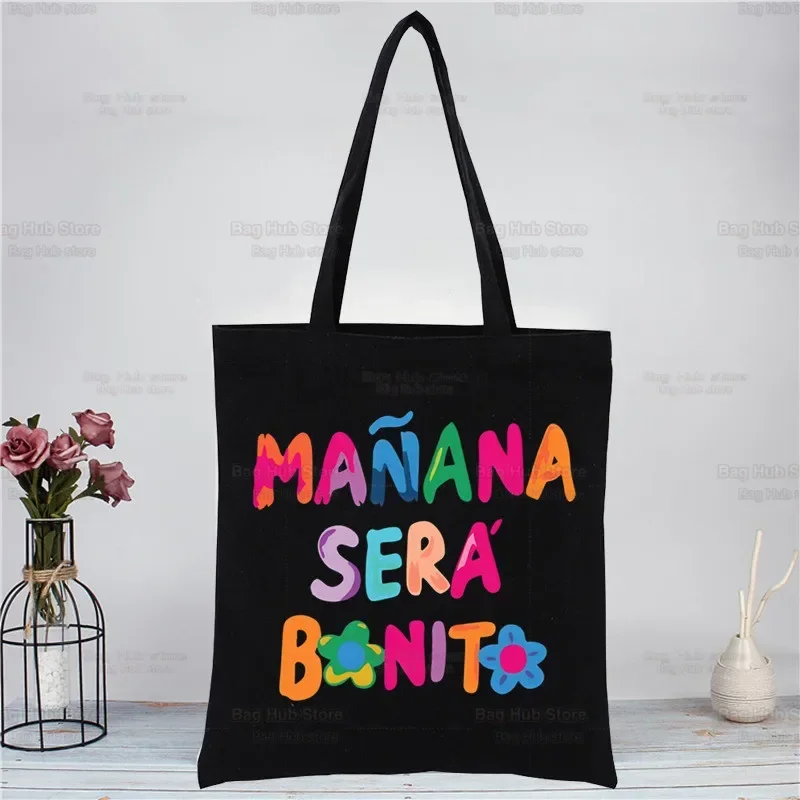 Karol G Bichota Manana Sera Bonito Music Singer Shopping Black Canvas Tote Bag Cartoon Reusable Cloth Bag Handbag Shoulder Bags