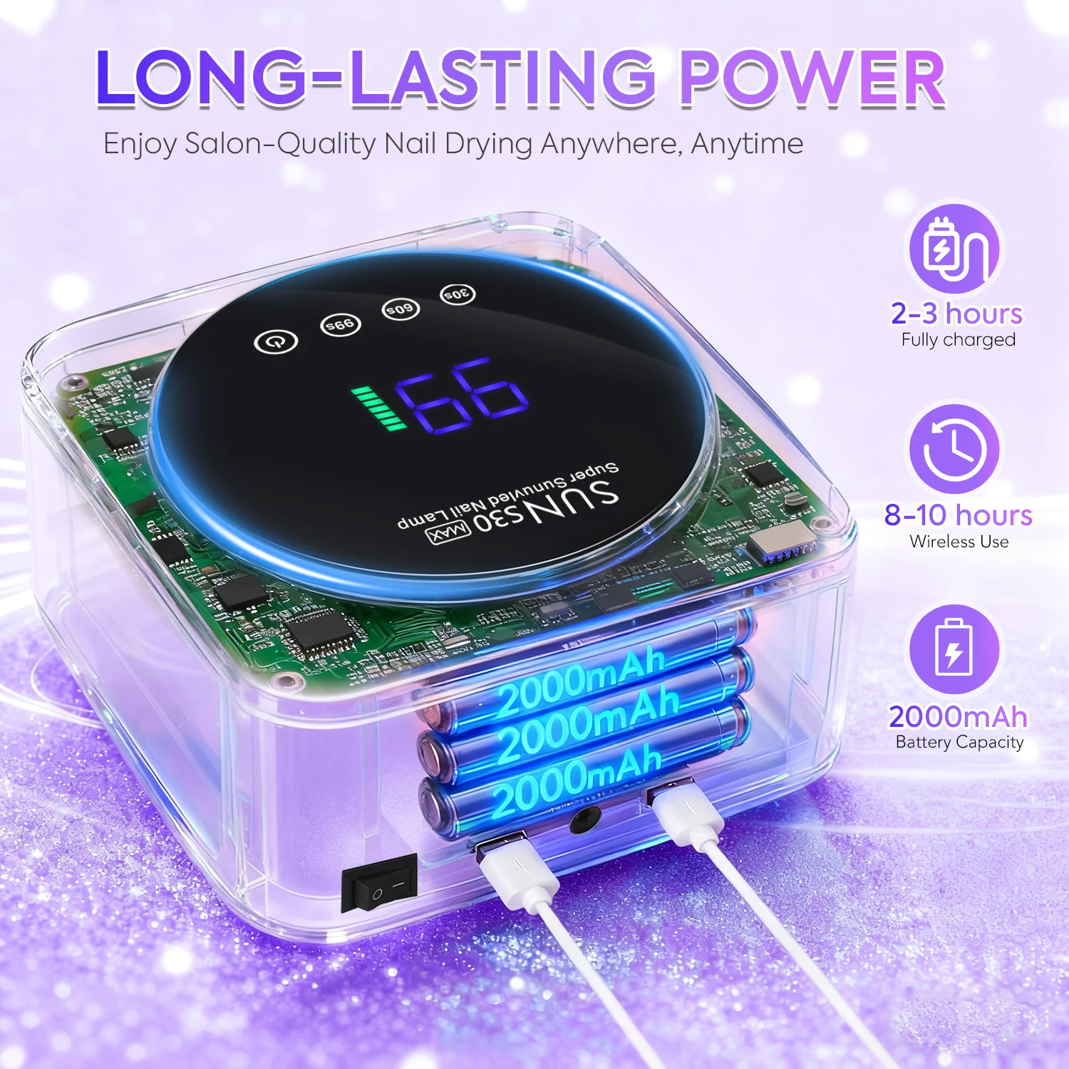 Lampada per unghie ricaricabile a LED UV da 180 W per unghie Lampada per polimerizzazione smalto gel wireless 57 LED con chiodo professionale a grande schermo