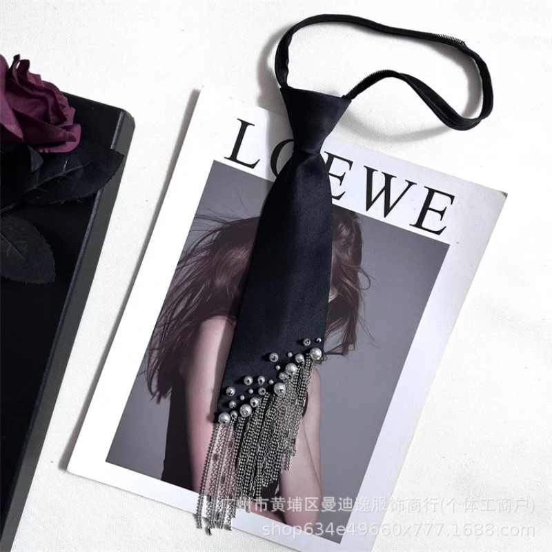 2025 New Heavy-Duty Tassel Tie for Women, Pearl Lazy Tie, No Need to Tie, Matching with Shirts, Black Tie, Trendy