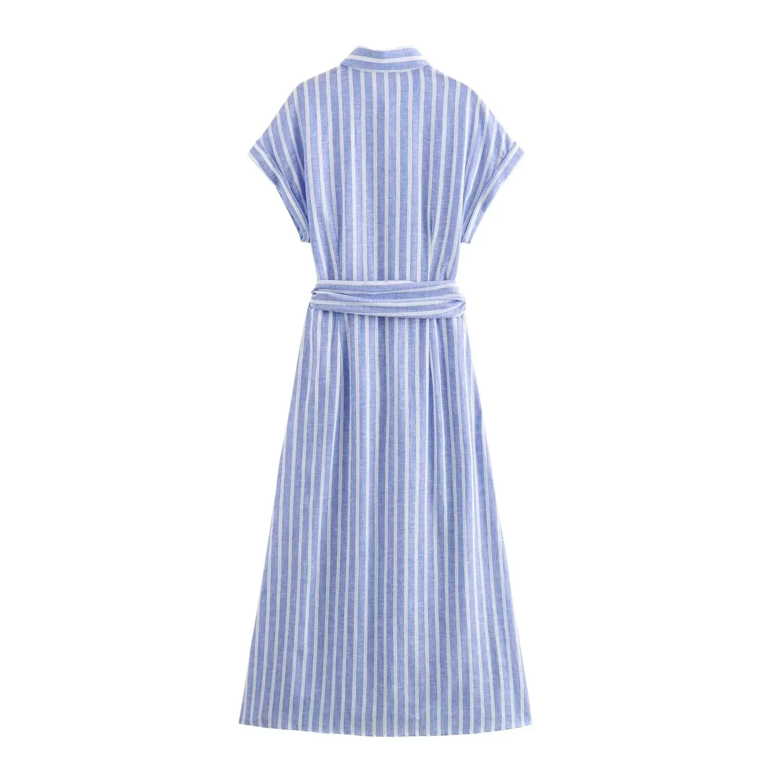 Women\'s Linen Blended Stripe Dress with Belt Commuting Style Midi Long Dress Card Shoulder New