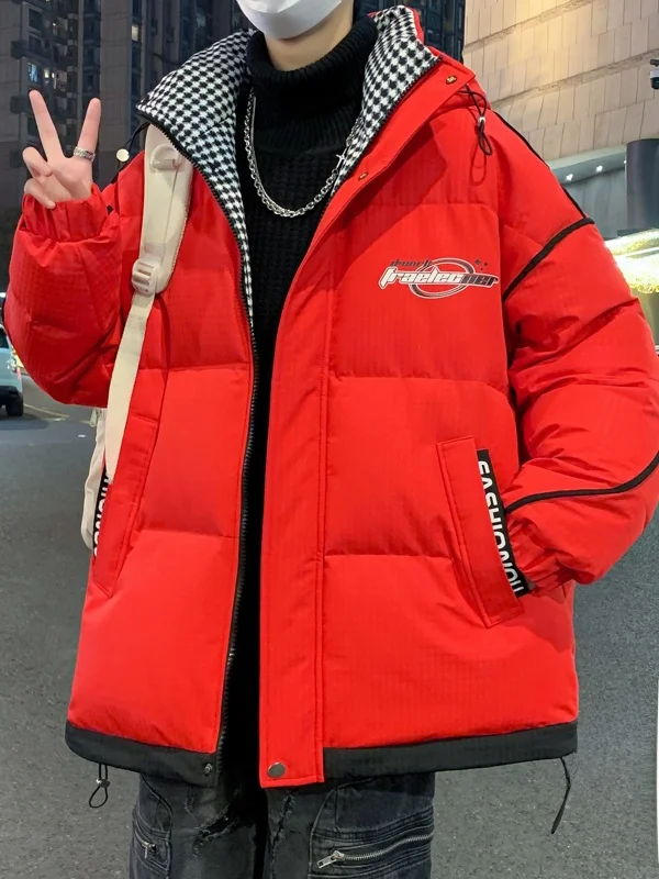 

New Year Red Hooded down Jaet Men's Youth Korean Sle Thiened Warm ort Bread Sle Jaet Cool Outerwear Polyester Fiber