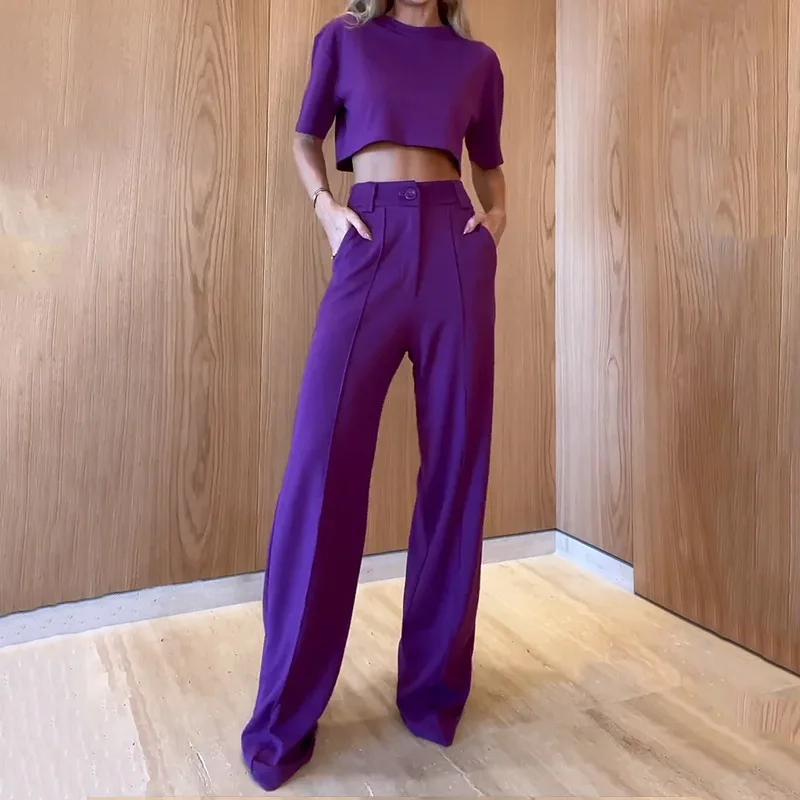 Moda Spodnie z wysoką talią Dwuczęściowe zestawy Wiosna Lato Crop Up T Shirty Stroje Biuro Eleganckie Solidne Spodnie Garnitur Biały