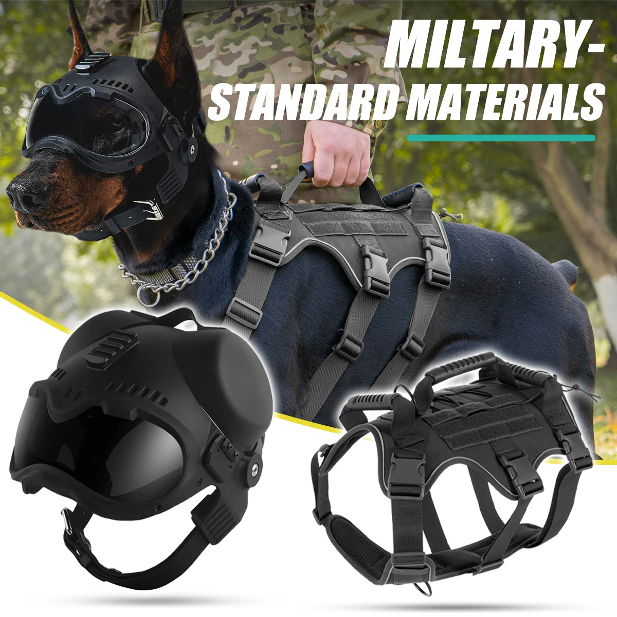 

Dog Tactical Helmet With Goggles Military Dogs Chest Back Adjustable Vest Lead Rope for German Shepherd Belgian Similar Size