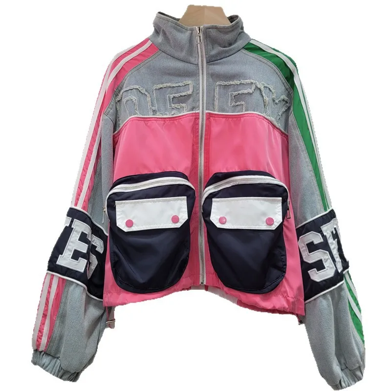 Splicing Denim Jacket Women's Design Sense Fashion Short Versatile Stand-up Collar Jacket Top Women Coat and Jackets