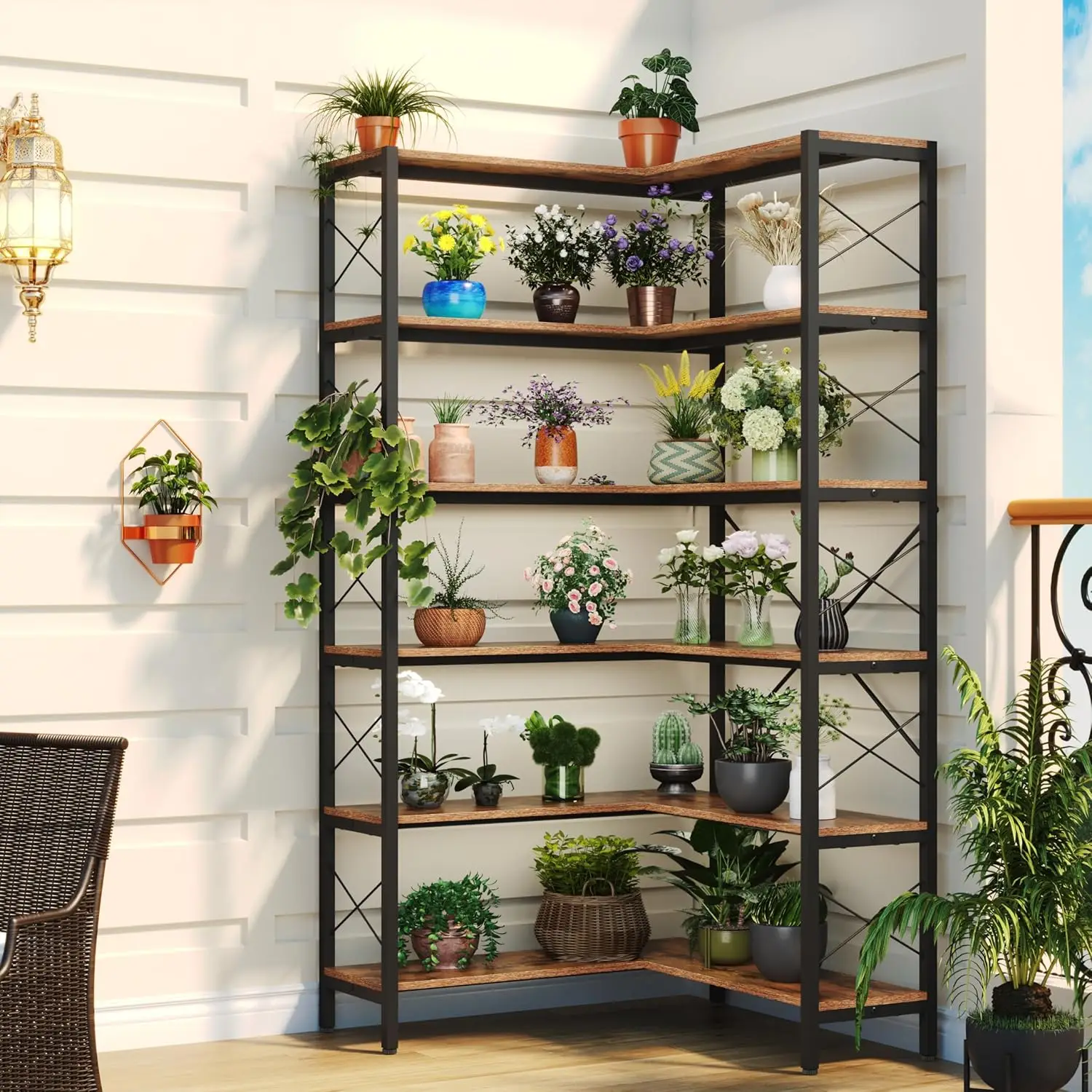 Corner Wooden Plant Rack, 6-Tier Tall Plant Rack Corner, Large size Multi-Function Flower Bonsai Pots Display Shelf for Indoor,