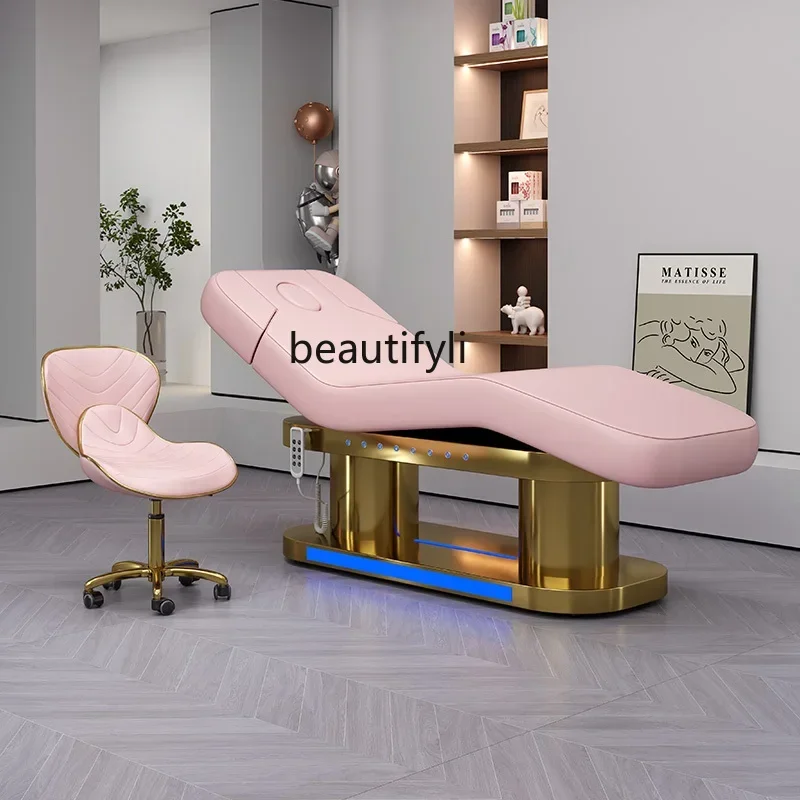 Electric Lift Beauty Care Bed Beauty Salon Led Stainless Steel Gold Plated Massage Couch Tattoo