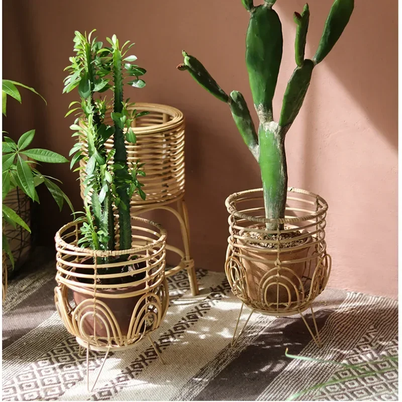 Nordic simples planta suporte criativo rattan tecido suporte para flores varanda piso planta rack sala de estar decoração flor titular