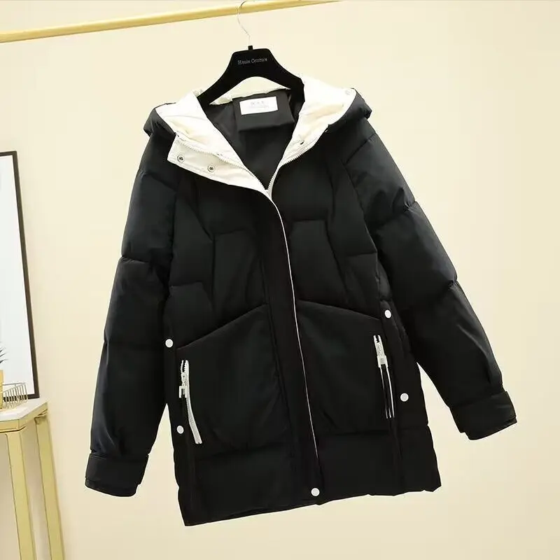 2023 Women Winter Jacket Loose Hooded Pockets Cotton Jackets Fashion Thick Warm Women\'s Parkas Female Outerwear Tops