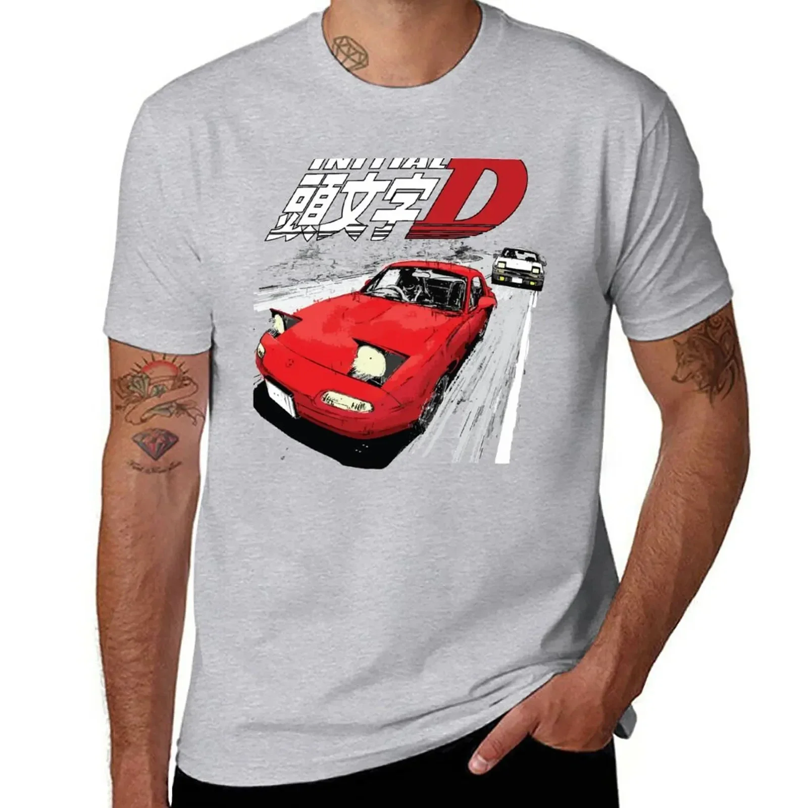 New Initial Mountain Drift Racing Tandem Takumi Fujiwara AE86 vs Toru Neck Collar Suetsugu's Eunos MX5 miata NA Roadster T-Shirt