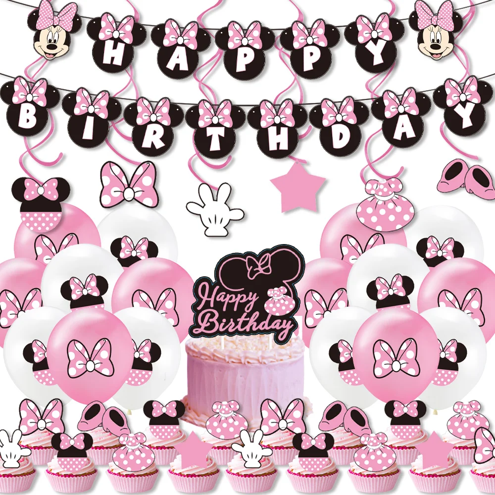 Disney Minnie Mouse Birthday Party Decorations Minnie Tableware Cup Plate Balloons Backdrop Baby Shower Birthday Party Supplies