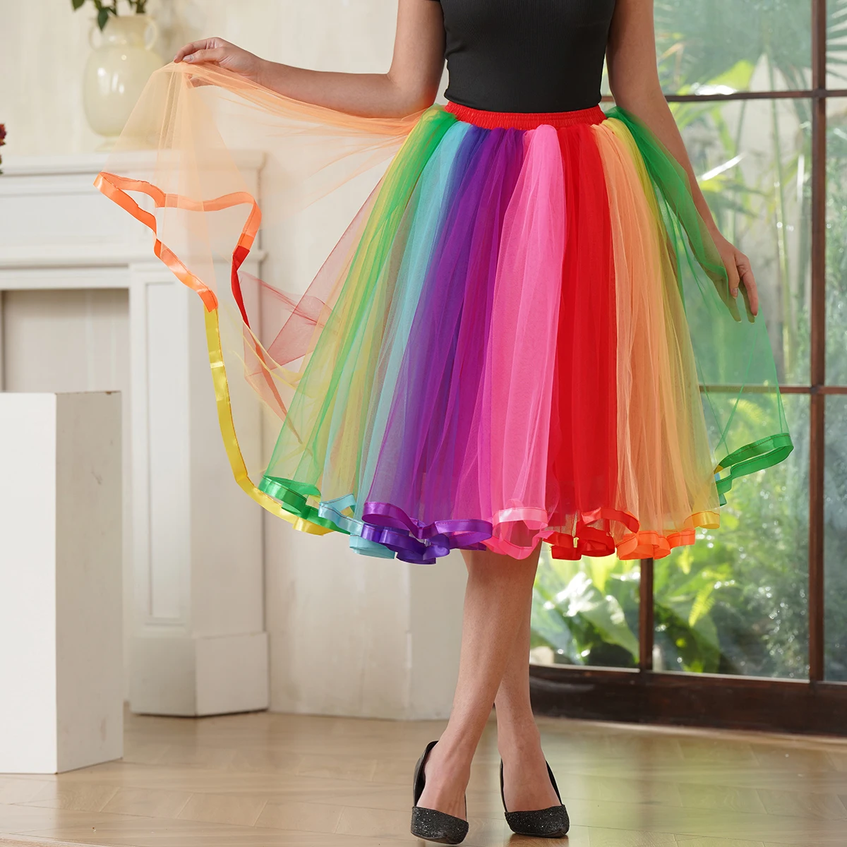 BABYONLINE Colored Petticoats Underskirt Elestic Wasit Multicolor Tulle Tutu Skirt Pleat Mesh Rainbow Skirts Performance Costume