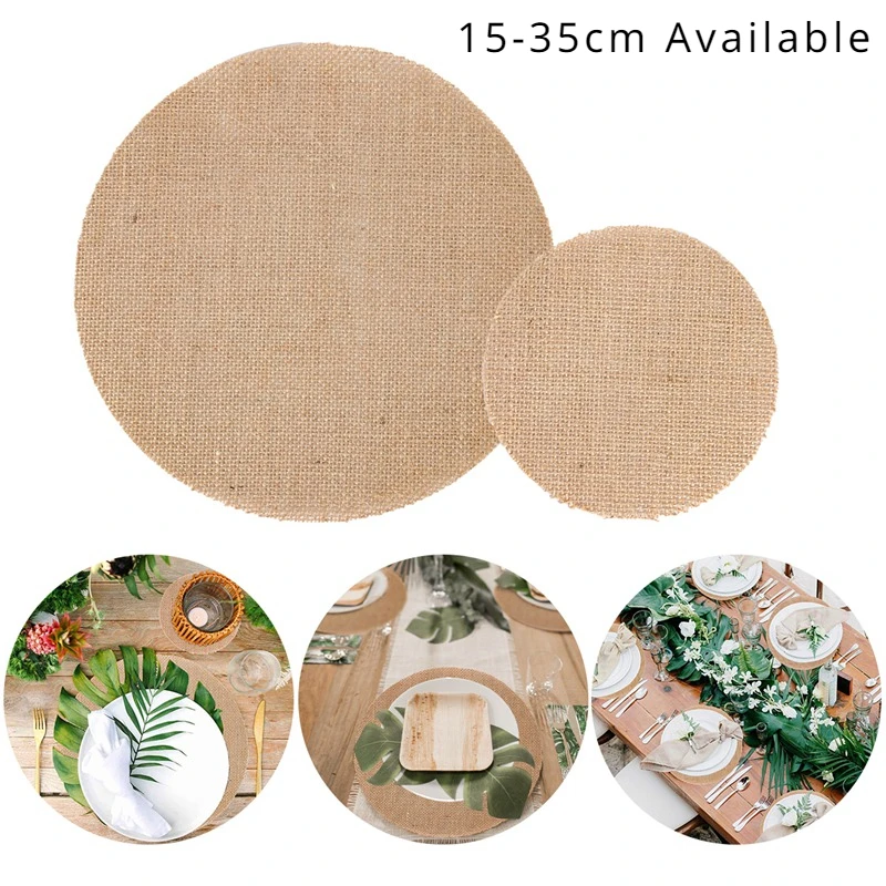 10pcs Round Natura Linen Jute Burlap Handwork Hemp Linen Table Placemat Tea Cup Plates Mats For Home Party Decor Wedding Supply