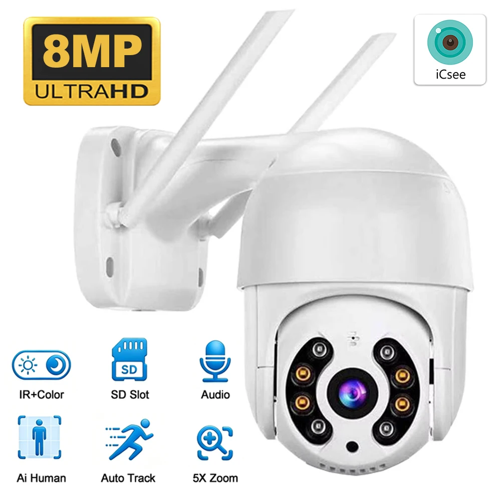 8MP 4K Wireless PTZ Security Camera Outdoor WiFi IP Cam with Color Night Vision AI Auto Tracking, CCTV Surveillance for Home