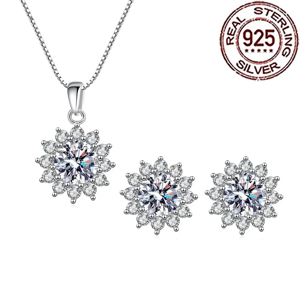 

CWWZircons 925 Sterling Silver Shiny CZ Zircon Large Flower Pendant Necklace Earrings Sets for Women Wedding Decor Jewelry ST014