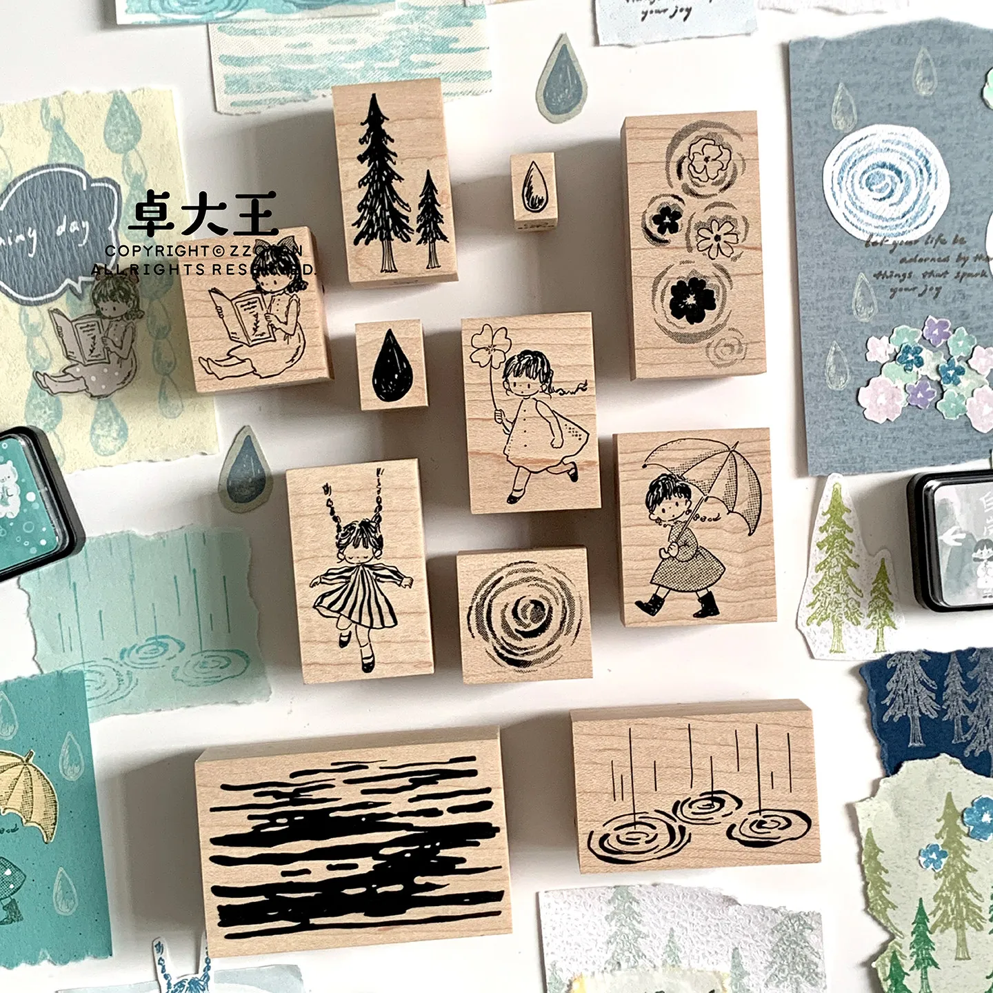 Zzoton Lovely Clover Rainbow Girl Ripple Raindrop Wooden Rubber Stamp DIY Scrapbooking Photo Album Card Making Wood Seal