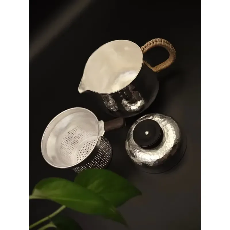 Silver Plated Copper Teapot Set Woven Design Heat Resistant 3 Piece Tea Service for Daily Use Elegant Kettle and Cups Home