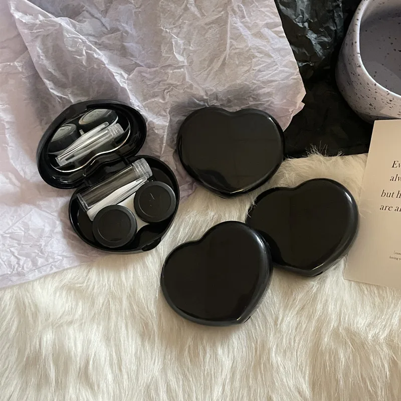 Vintage Purple Black Contact Lens Case Ins Small Batch Cute Heart Design Contact Lens Kit Tweezers Applicator Mirror & Bottle