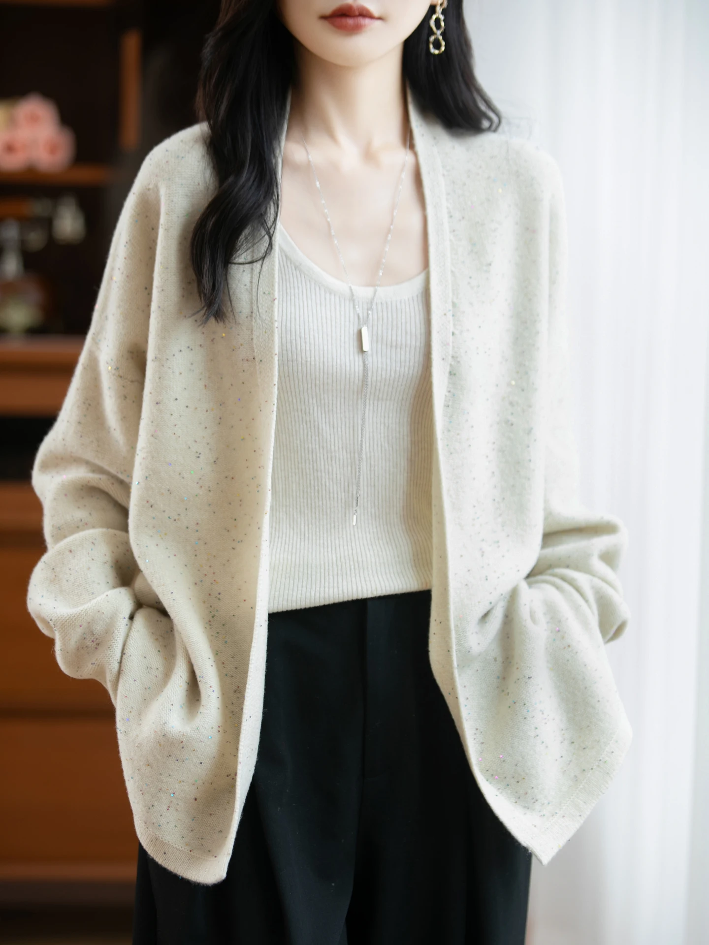 

100% мериносовая шерсть, пряжа с блестками, трикотаж, кардиган, свитер, осень-зима, женское теплое утолщенное пригородное пальто с длинными рукавами