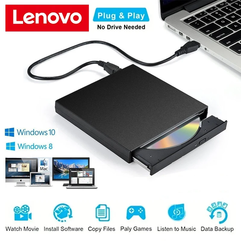 New Lenovo External CD DVD Drive, USB 2.0 Slim Protectable External CD-RW Drive DVD-ROM Burner Player for Laptops Desktop PCs