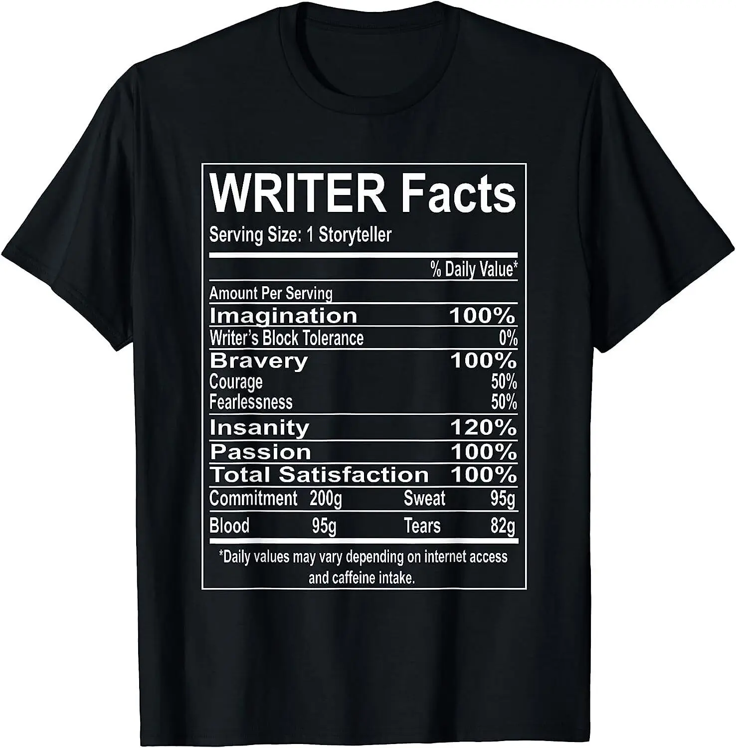 NEW Funny Writer Facts Storyteller Nutrition Information T-Shirt