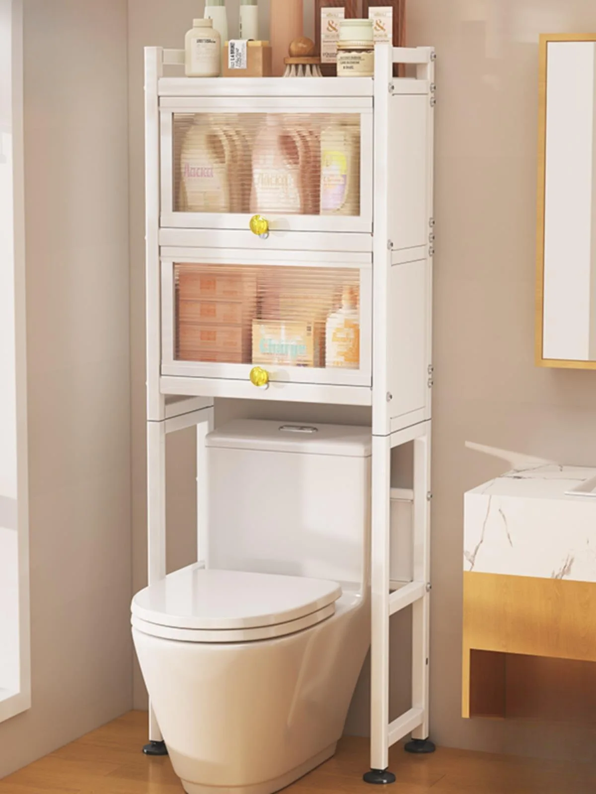 

With cabinet door, bathroom, toilet, upper shelf, floor-to-ceiling