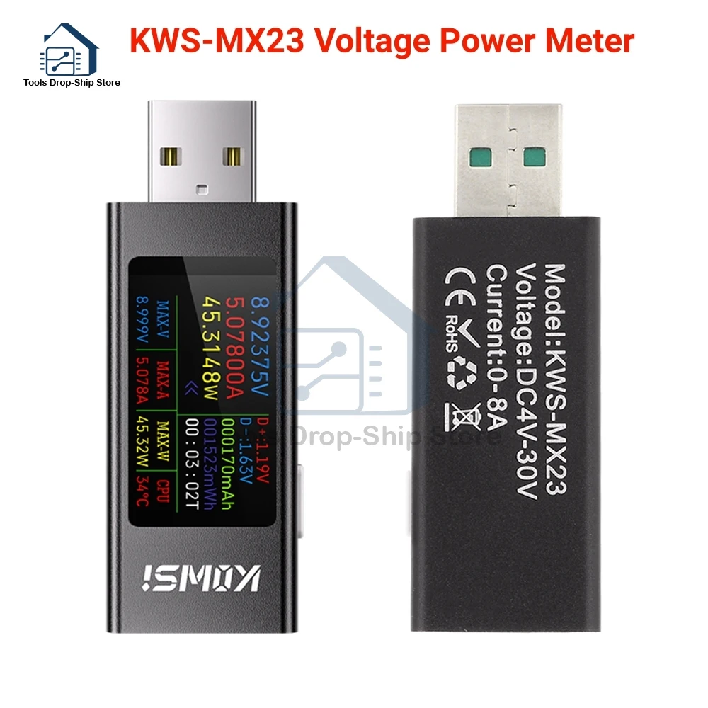 KWS-MX23 Type-C Current Voltage Power Meter Bidirectional Current Tester Cell Phone Charging Tester DC 4~30V 0~8A Voltmeter