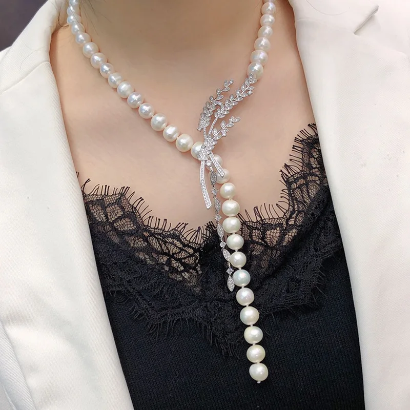 

Natural 3Color 8-9mm & 9-10mm Freshwater Pearl Necklace Wheat Ear for Women's ine Gift Fashion Elegant Sweater Chain