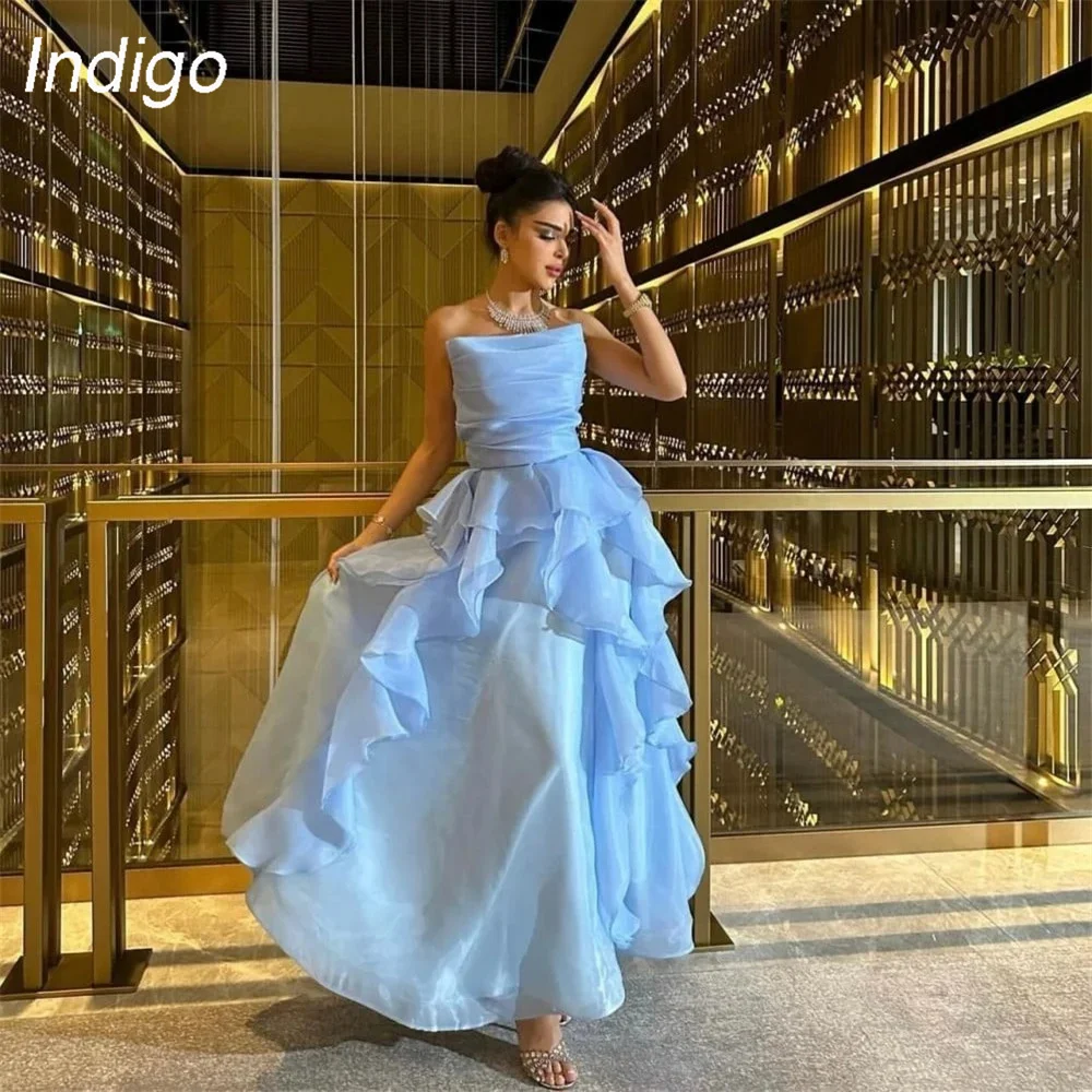 

Indigo Elegant A-Line Prom Dress 2025 Strapless Pleat Tiered Organza Sleeveless Formal Party Prom Gown فساتين السهرة Customized