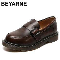 BEYARNEGenuine leather flat shoes smile circle buckle low mouth platform shoes fashion women high quality casual shoesL076